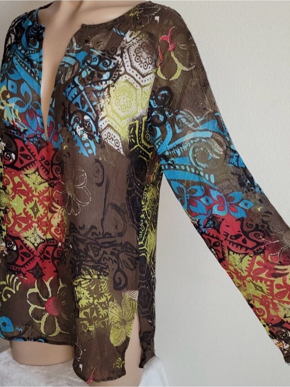 Chicos 100% Silk Tunic Size 3 Brown Multicolor Print